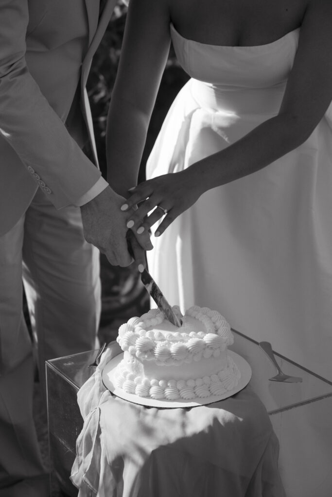 Documentary and editorial wedding photography from garden summer outdoor wedding at Eolia Mansion in Connecticut. Photos taken by Suz Lundeen Photo - destination wedding, family, and maternity photographer based in New England and the Midwest. Artistic documentary wedding image of bride and groom cutting their wedding cake in black and white. 